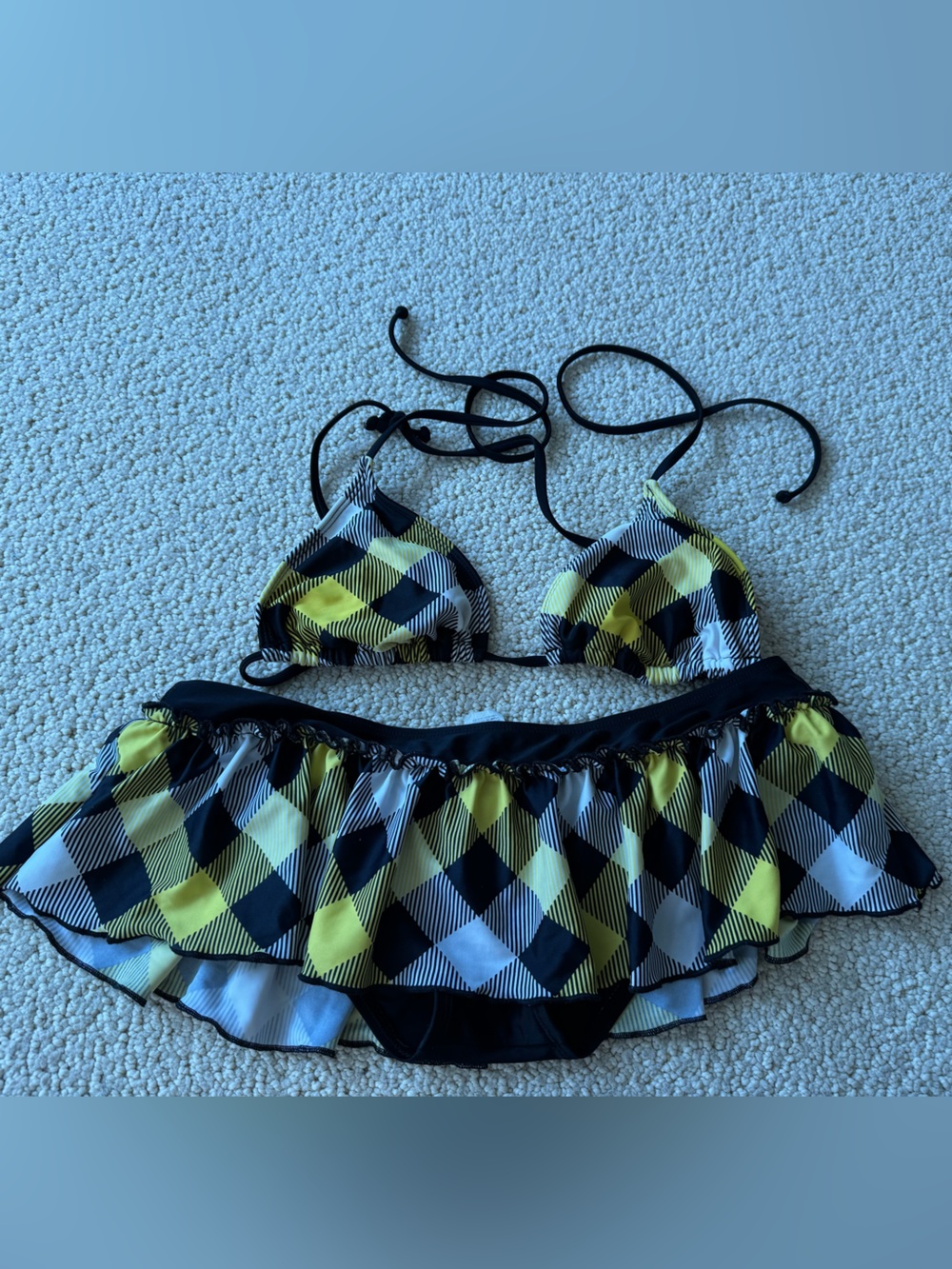 Yellow & Black Plaid Two-Piece Bikini Skirt Set
